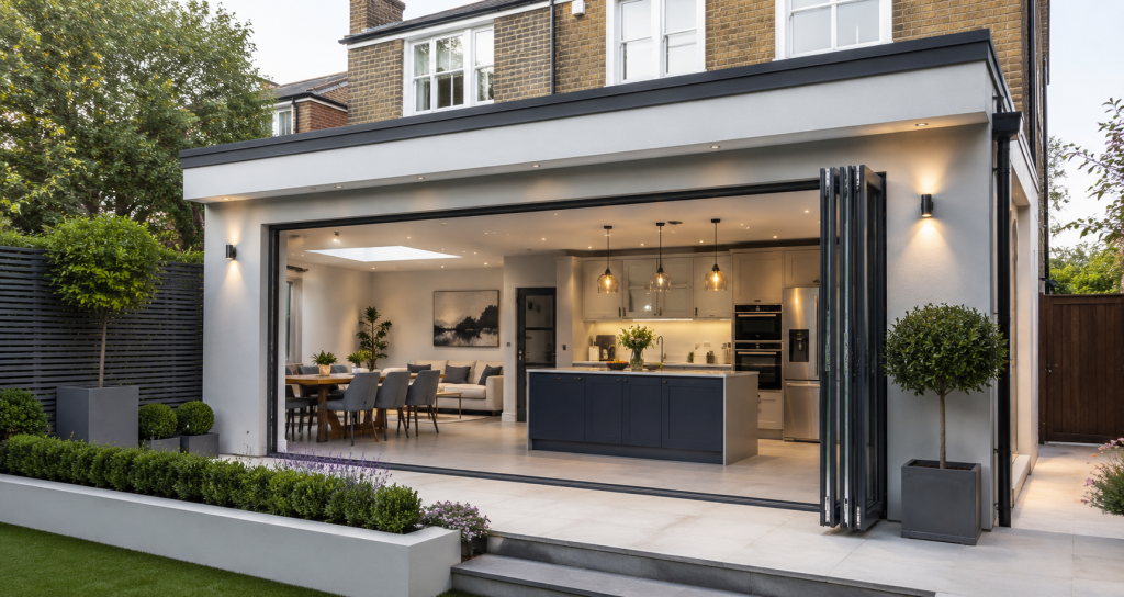 Modern house extension with open-plan kitchen and bifold doors in South West London
